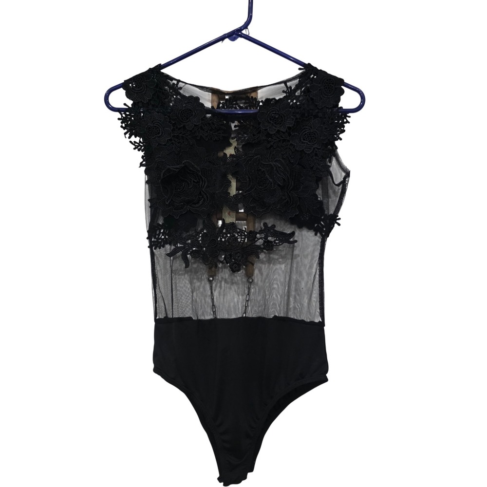 Love Nation Black Sheer Mesh Floral Lace Applique Bodysuit CT6362 Mens Medium